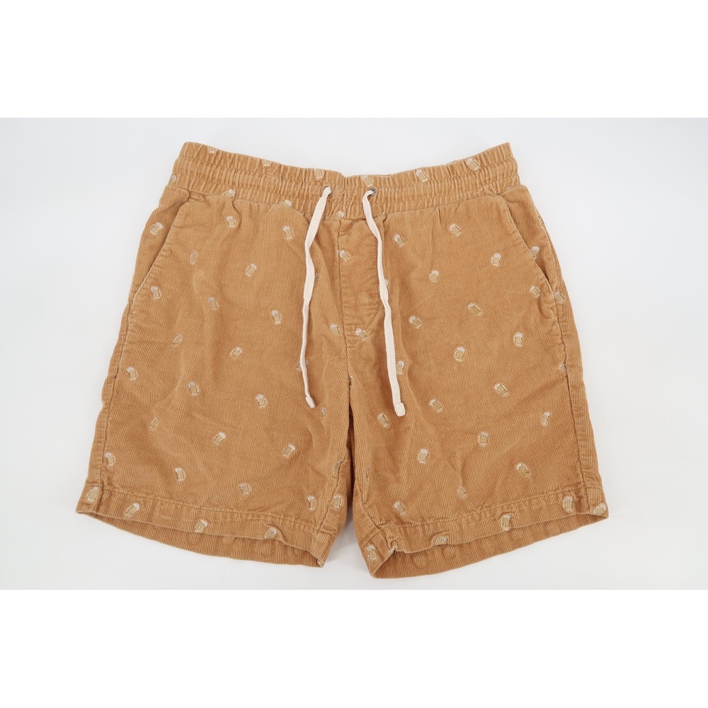 Criquet Corduroy Shorts Mens Small Tan Embroidered Beer Mugs Elastic Waist